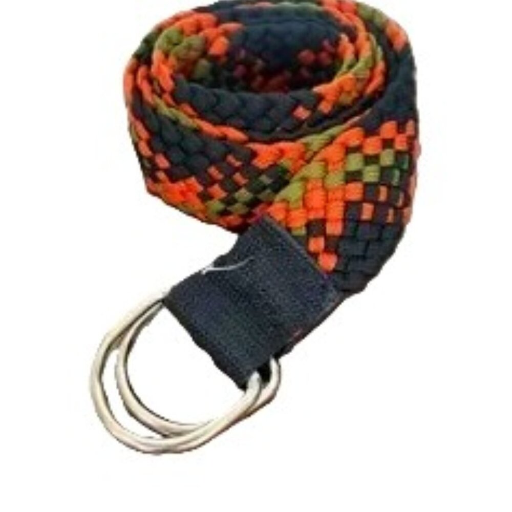 Multi-coloured Checkered Woven Belt Durable Textured Nylon Silvertone D Ring